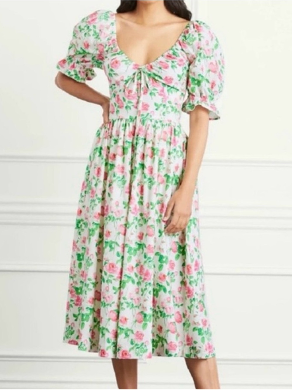 Hill House Floral Puff-Sleeve Midi Dress in Pink and Green